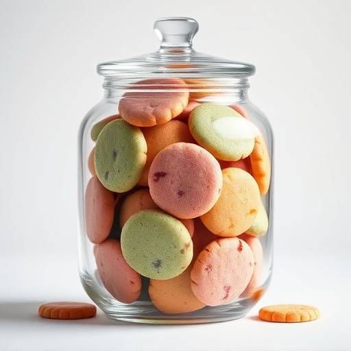 Ein Einmachglas gefüllt mit verschiedenen bunten Keksen, symbolisiert die Vielfalt der Cookies, die eine Website verwenden kann.